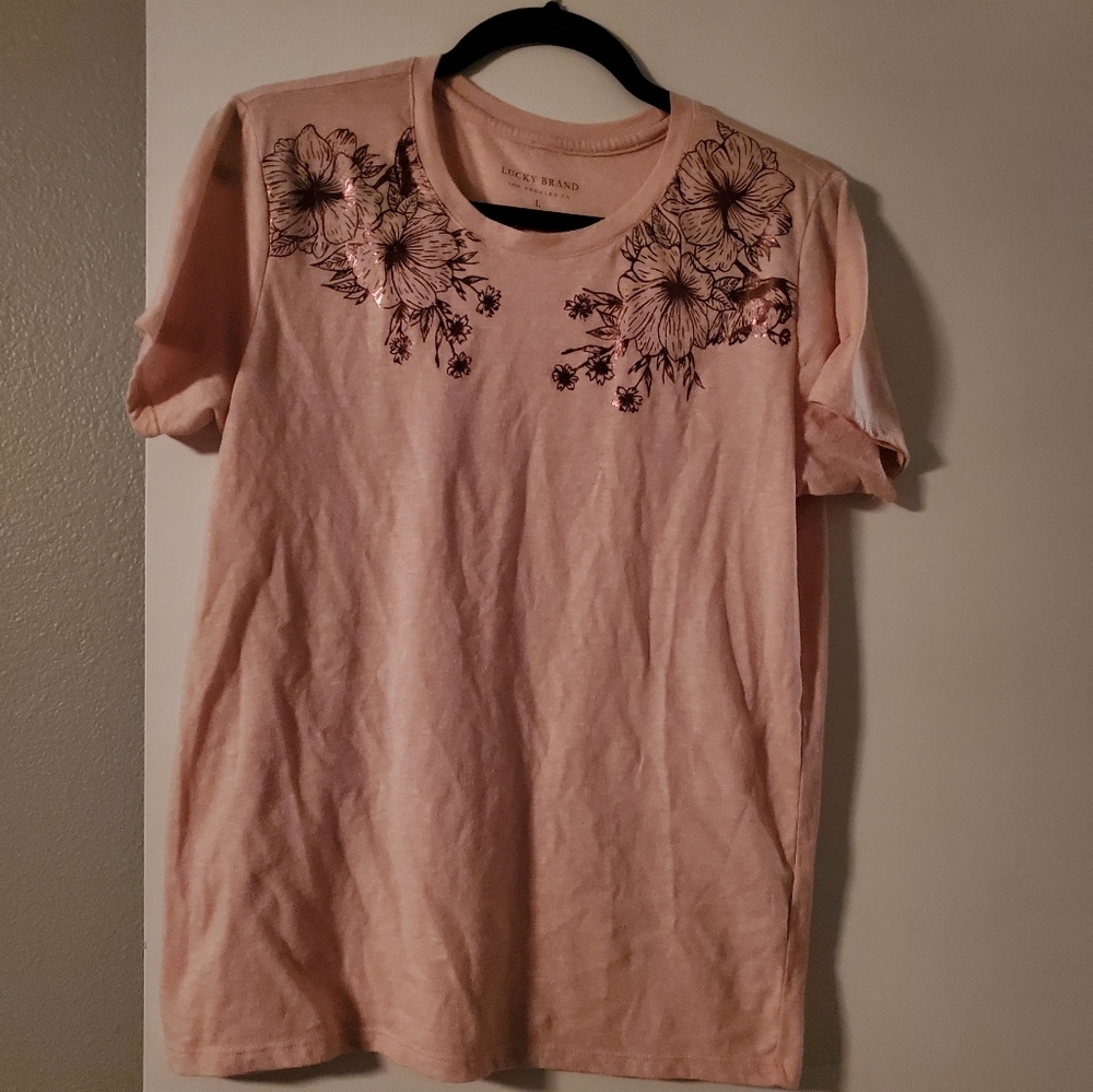 NWOT Lucky Brand Peach Floral Metallic Shirt Large